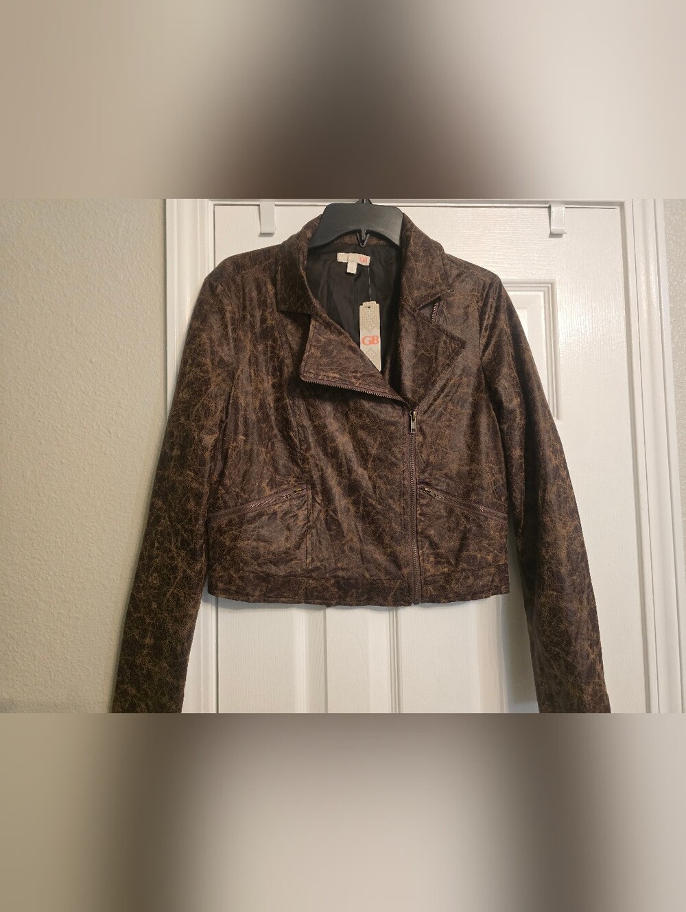 GB brand Cropped Brown Faux-Leather Moto Jacket - Women
